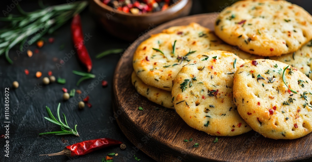 Cheese cookies with chili and herbs. AI generated illustration. Cheese cookies with chili and herbs. AI generated illustration.