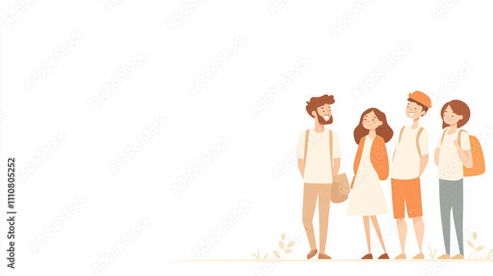 A sleek vector design of a group of young adults outdoors, featuring diverse appearances and emotive expressions such as laughter and reflection. The clean flat color style focuses on minimalist A sleek vector design of a group of young adults outdoors, featuring diverse appearances and emotive expressions such as laughter and reflection. The clean flat color style focuses on minimalist