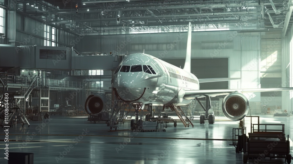 Airplane in hangar, maintenance, sunlight. Airplane in hangar, maintenance, sunlight.
