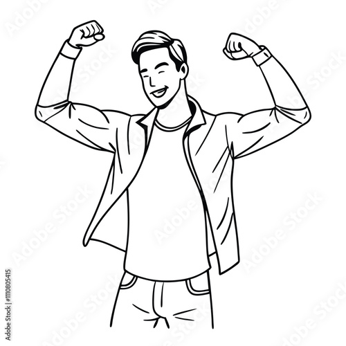 a young man striking a triumphant pose