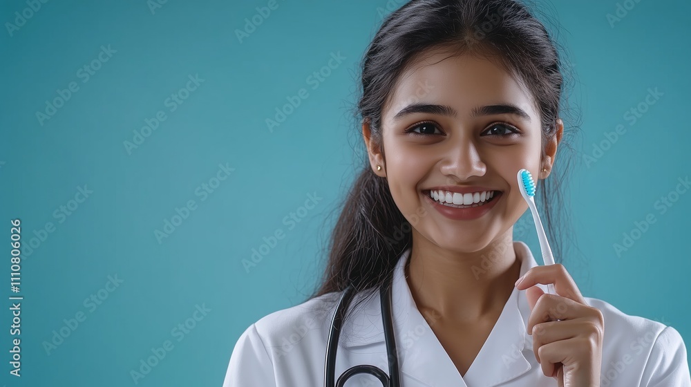 A Bangladeshi female doctor holding a toothbrush on a blue background. A Bangladeshi female doctor holding a toothbrush on a blue background.