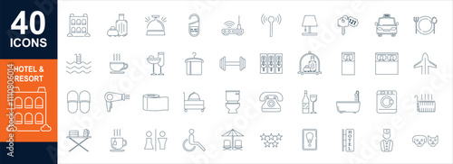 40 icons Resort Hotel Facilities Icon collection containing editable stroke icons. Perfect for logos, stats and infographics. Change the thickness of the line in any vector capable app.