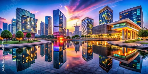 Surreal Interpretation of Qianjiang New Town's Square and Modern Architecture in Hangzhou, China with Futuristic Elements and Dreamlike Atmosphere photo