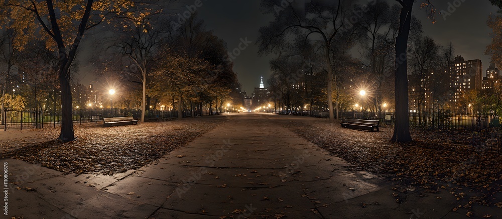 Night park path with autumn leaves, benches, and distant city lights. Night park path with autumn leaves, benches, and distant city lights.
