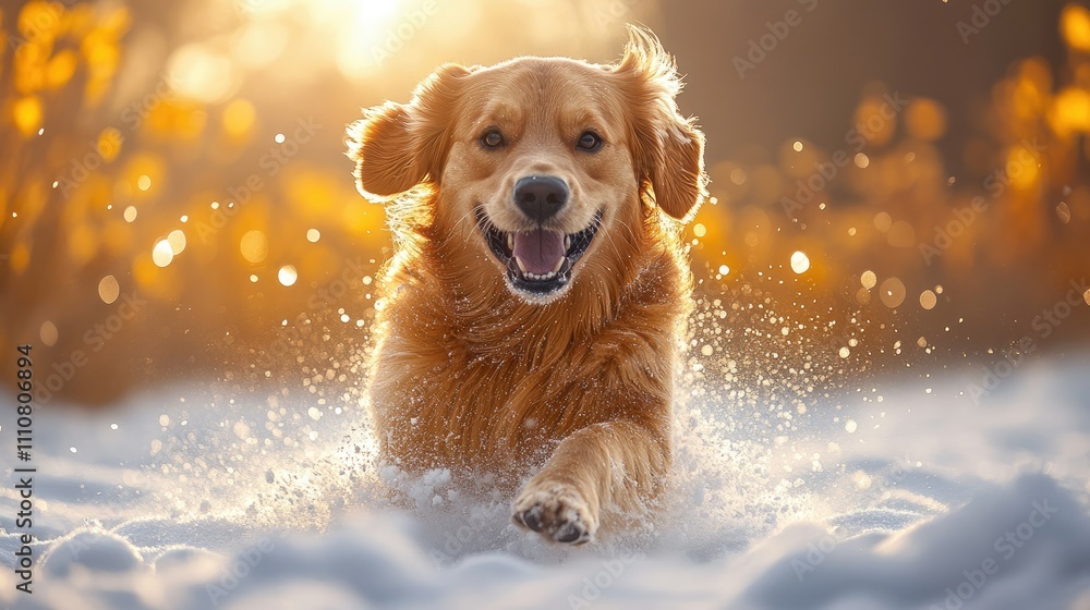 A joyful golden retriever running through snow with a sunset backdrop. A joyful golden retriever running through snow with a sunset backdrop.