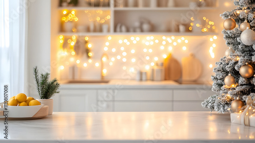 A festive kitchen featuring a Christmas tree, fairy lights, and fresh lemons.