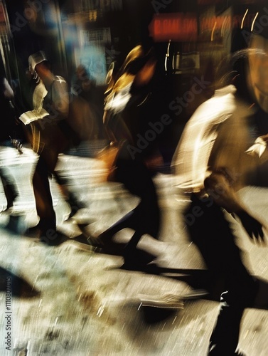 Blurred people in motion are walking down the street. A blurred photo capturing a busy city street scene creating a sense of motion and energy.