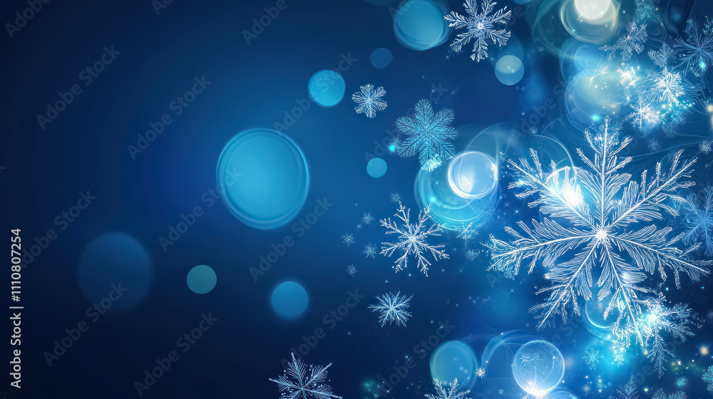 bright snowflakes and glowing bokeh on dark blue background bright snowflakes and glowing bokeh on dark blue background