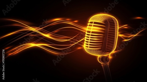 A microphone, with neon lines representing sound waves, against a dark background.