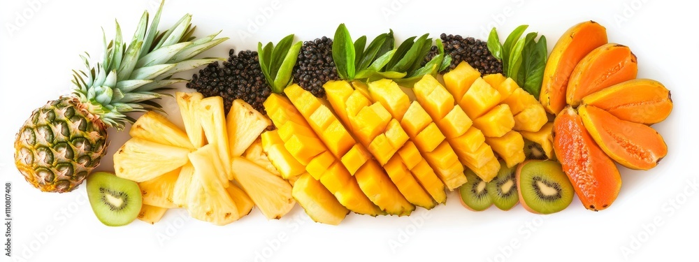 A tropical fruit platter with slices of mango, pineapple, and kiwi A tropical fruit platter with slices of mango, pineapple, and kiwi