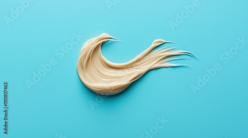 Thick small patch of conditioner in swoosh shape on blue solid background.