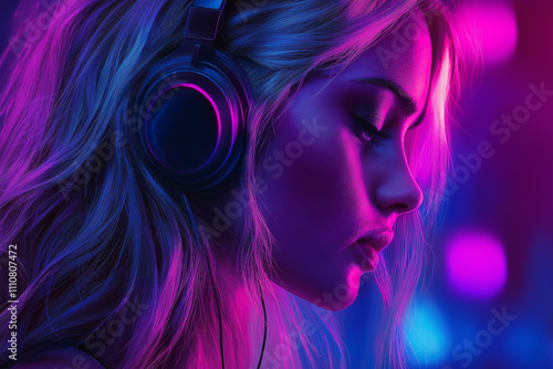 A beautiful, blonde woman wearing headphones, with long hair, under neon lighting. A close-up, photorealistic portrait with purple and blue lighting