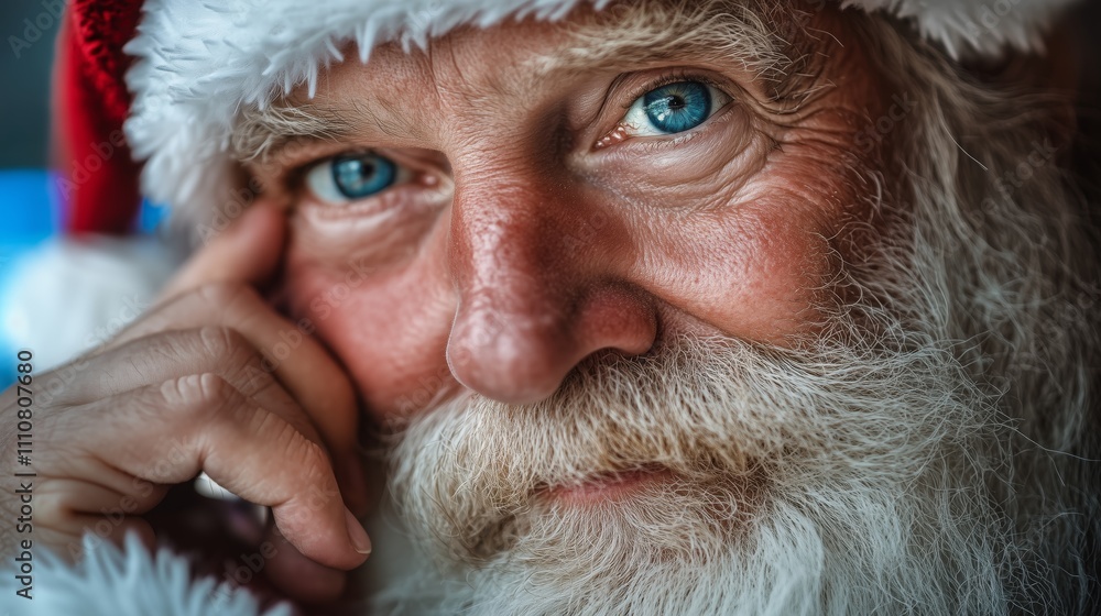 A close-up portrait of Santa Claus, with his hand resting on the side of his face. A close-up portrait of Santa Claus, with his hand resting on the side of his face.