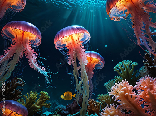 Vibrant Jellyfish and Coral Reef Underwater Scene With Sun Rays photo