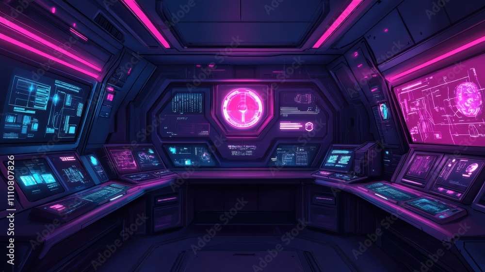 Fototapeta premium Futuristic Control Room with Neon Lights and Screens