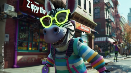 An animated character wearing glasses named Zippy the Crazy Zebra walks around the city. photo