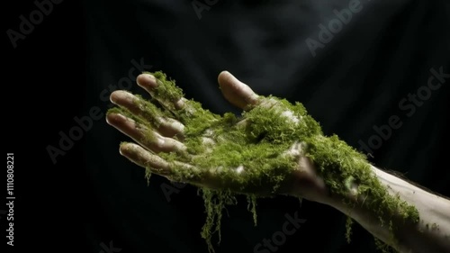 Person's hand covered with moss on dark background. Environment concept photo