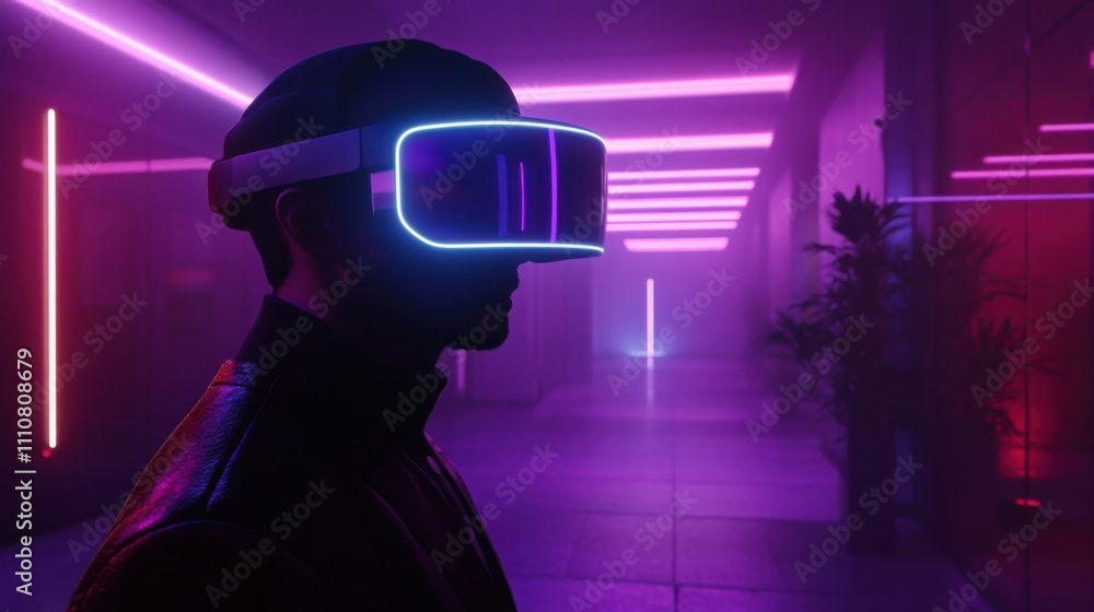 Futuristic Individual Wearing VR Headset in Neon Lit Environment Futuristic Individual Wearing VR Headset in Neon Lit Environment