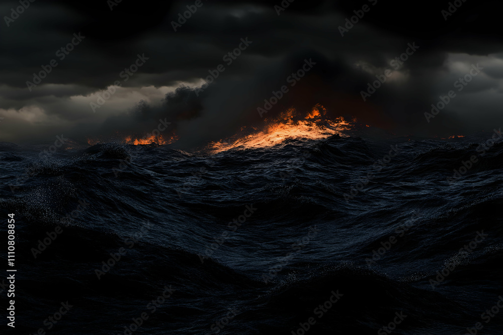Fototapeta premium Fiery ocean waves under a stormy sky.