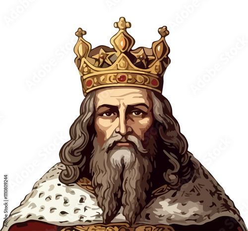 Illustrated Vector Drawing of Charlemagne. Charlemagne, King of the Franks, united most of Western Europe in the 8th and 9th centuries, establishing a vast empire and shaping medieval history.
