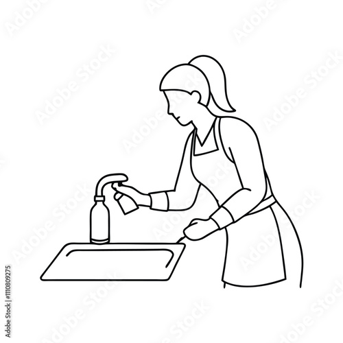 a continuous line drawing of a woman washing dishes in a kitchen sink.