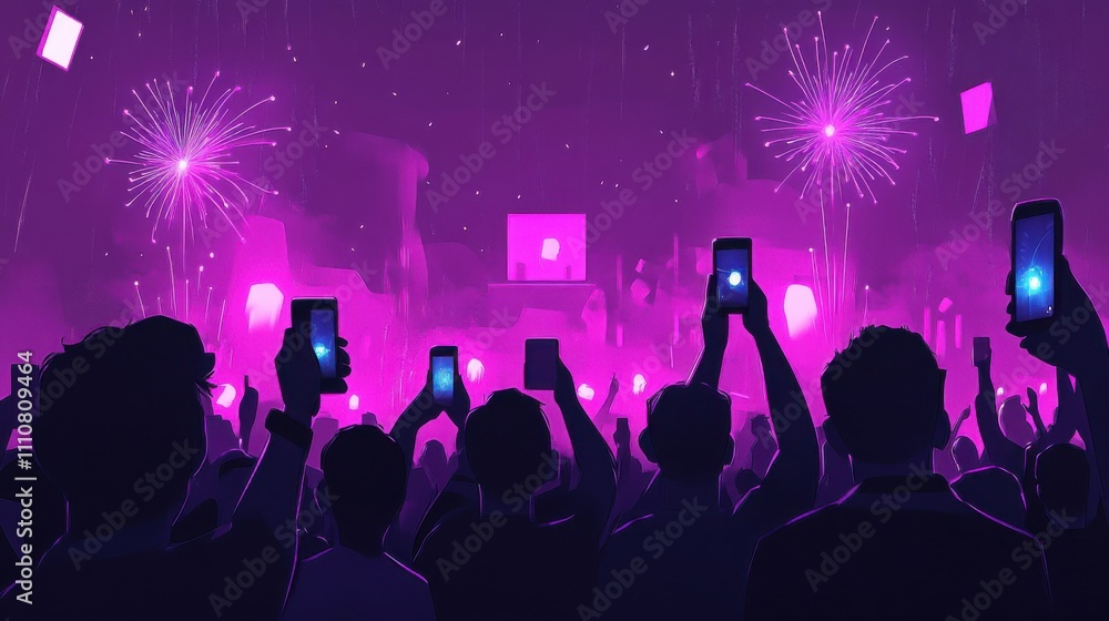 Fototapeta premium Exciting Night Concert with Fireworks and Audience Holding Phones