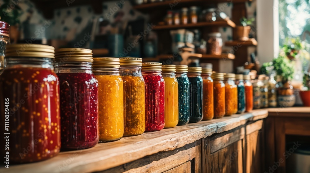 A row of colorful jars filled with homemade jams and preserves sit on a wooden countertop in a sunny kitchen. A row of colorful jars filled with homemade jams and preserves sit on a wooden countertop in a sunny kitchen.