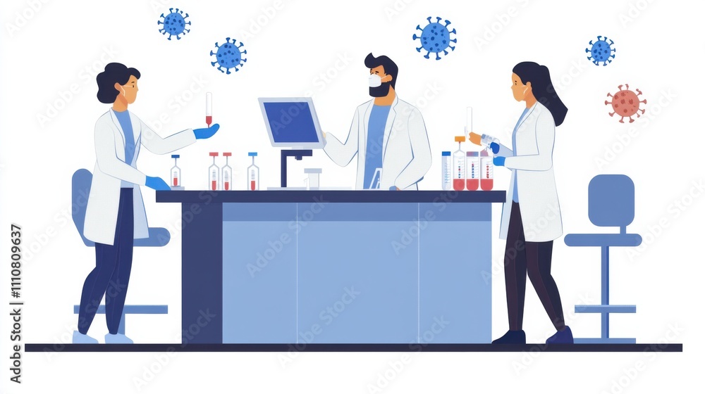 Scientists Conducting Experiments in Laboratory with Virus Illustration Scientists Conducting Experiments in Laboratory with Virus Illustration
