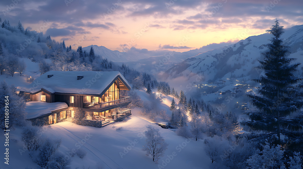 A luxurious chalet overlooking a serene snowy valley at twilight (2) A luxurious chalet overlooking a serene snowy valley at twilight (2)
