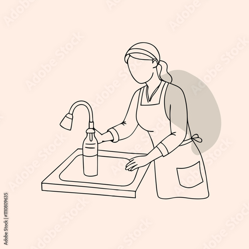 a continuous line drawing of a woman washing dishes in a kitchen sink.