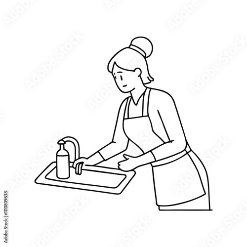 a continuous line drawing of a woman washing dishes in a kitchen sink.