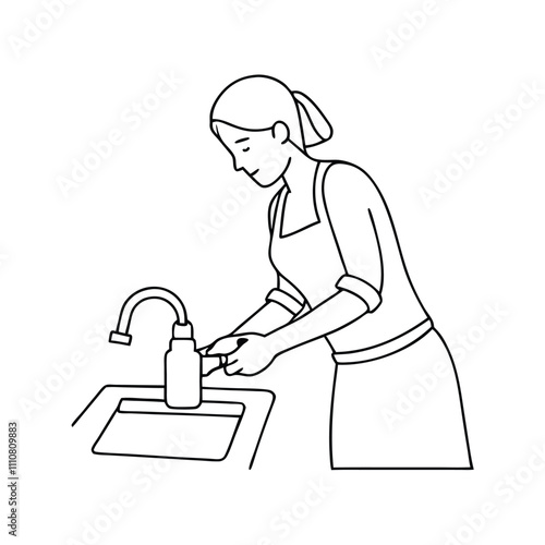a continuous line drawing of a woman washing dishes in a kitchen sink.
