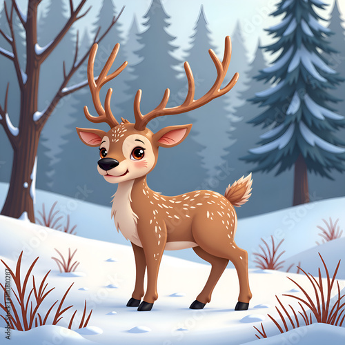 Cheerful cartoon deer smiling amidst a snowy landscape in a winter wonderland, digital illustration of character design concept. photo