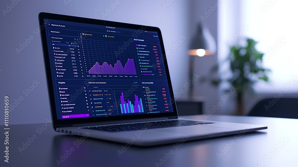 Open laptop with pricing analytics dashboard, clean office setting, bright lighting, capturing professional and analytical theme Open laptop with pricing analytics dashboard, clean office setting, bright lighting, capturing professional and analytical theme