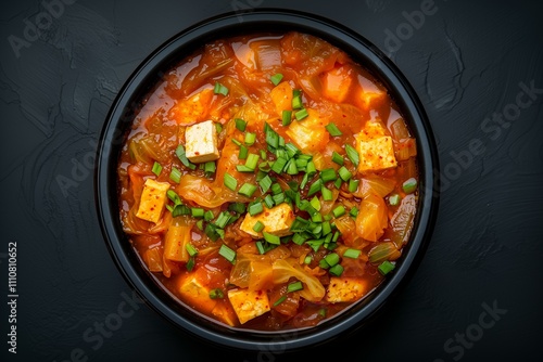 A Bowl of Korean Kimchi Stew with Tofu and Scallions. Ideal for Healthy and Bold Korean Recipe Websites.