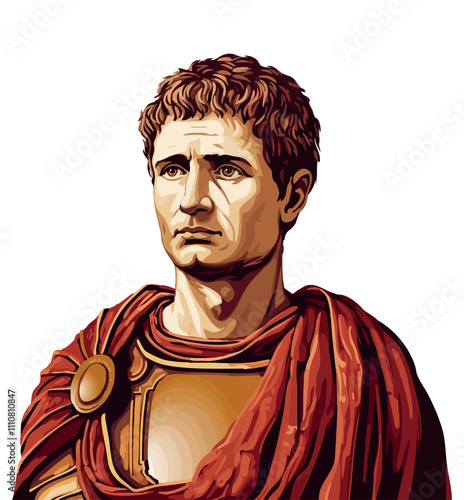 Illustrated Vector Drawing of Augustus. Augustus, first Roman emperor, established peace and prosperity after civil wars, transforming Rome from republic to empire, ushering in the Pax Romana.