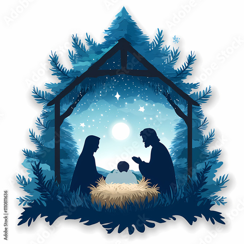 Nativity Silhouette with Starry Night: A minimalist yet evocative silhouette of the Holy Family, Mary, Joseph, and baby Jesus, nestled in a manger. photo