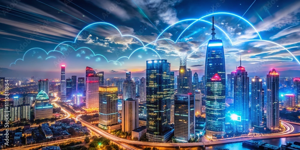Obraz premium The Future of Connectivity: Long Exposure Imagery Showcasing Cloud Innovation and Digital Transformation in a High-Tech Environment