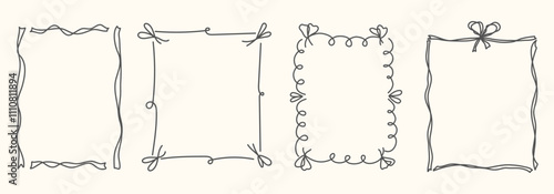 Hand Drawn frame set with doodle bows, ribbons. Whimsical line borders for birthday, christmas, wedding Invitations. Coquette bow set. Vintage minimalist elements in trendy line art style. Vector illu