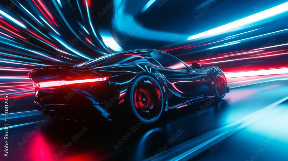 Sleek Black Car in Neon-Lit Tunnel - Futuristic Speed Sleek Black Car in Neon-Lit Tunnel - Futuristic Speed