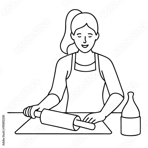 A focused woman rolling out dough on a wooden board in a kitchen, wearing an apron