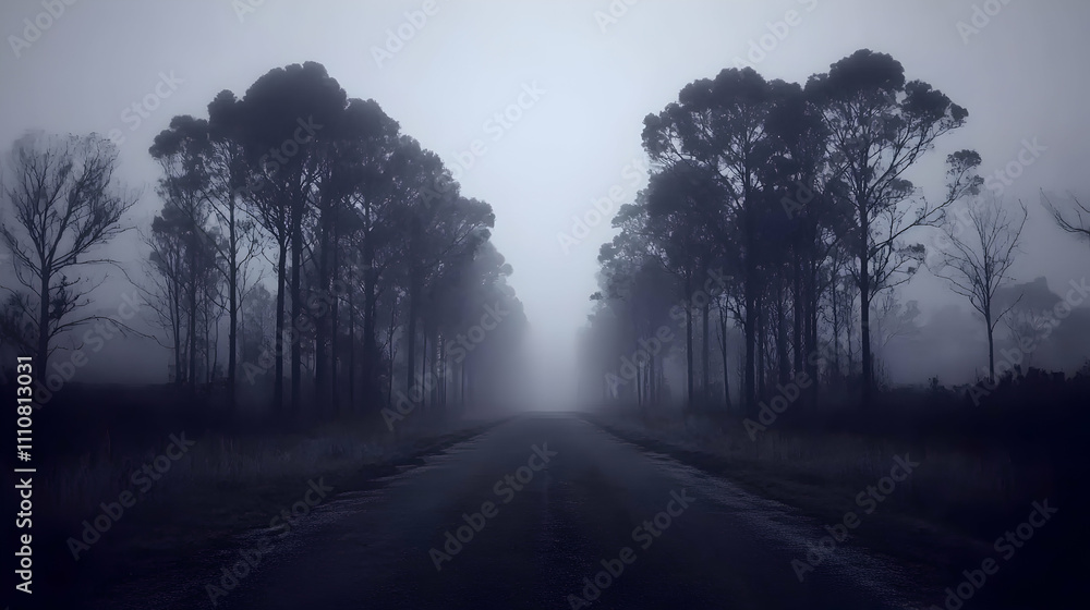 Foggy road disappearing into a dark forest.