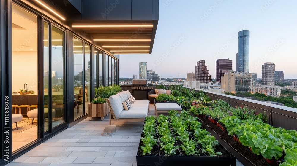 Fototapeta premium A modern balcony garden with lush greenery, stylish seating, and a city skyline backdrop at dusk, showcasing urban living and nature.