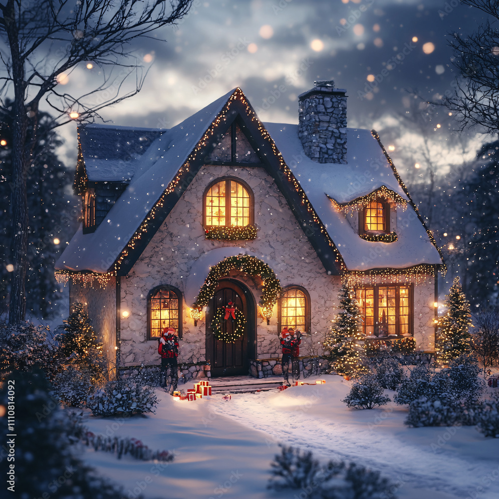 Cozy house with snow-covered roof and warmly glowing windows features decorated Christmas tree with bright lights, star on top in the front yard, surrounded by snow-dusted bushes and wintry landscape. Cozy house with snow-covered roof and warmly glowing windows features decorated Christmas tree with bright lights, star on top in the front yard, surrounded by snow-dusted bushes and wintry landscape.