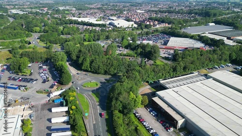 Aerial footage of Industrial Estate of Preston City of Lancashire, northern England, United Kingdom. High Angle Footage Was Captured With Drone's Camera From Medium High Altitude on July 29th, 2024
