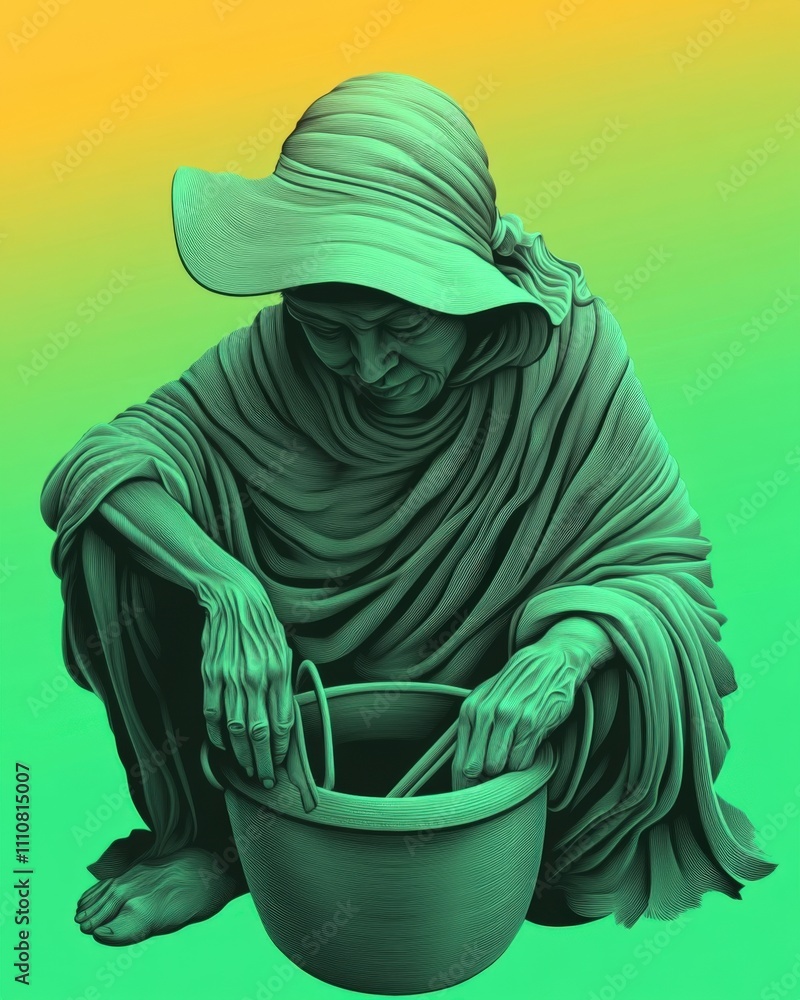 Obraz premium Elderly Woman in Green Cloak Engaged in Thoughtful Basket Weaving