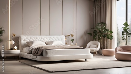 Luxury bedroom with a built-in AI sleep tracker and adaptive mattress for comfort.