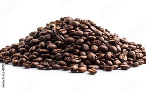 This image shows freshly roasted coffee beans on a white background in midday light, displaying their vibrant colors and textures