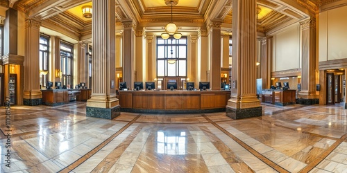 Fototapeta Naklejka Na Ścianę i Meble -  Traditional bank interior with marble floors, large columns, and teller stations