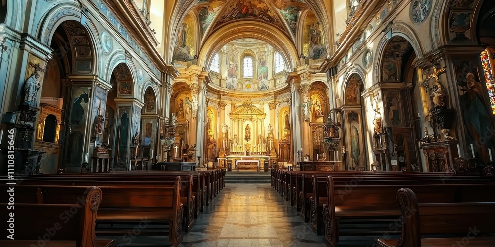 Traditional church interior featuring ornate architecture and religious symbols Traditional church interior featuring ornate architecture and religious symbols
